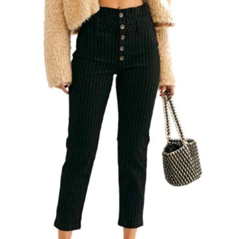 Free People Black Pinstripe Cropped High-Waist Pants
